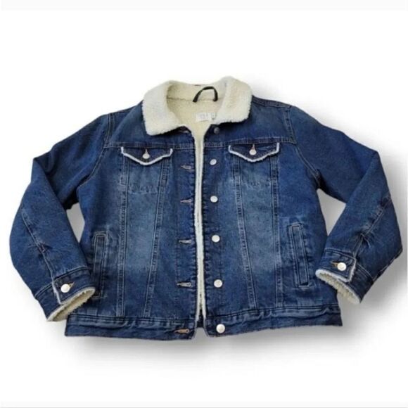 Time & Tru Sherpa Lined Trucker Denim in Medium Dark Wash Jacket Size Med 8/10 - Picture 3 of 12